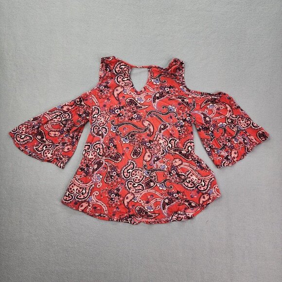 Mossimo Blouse Top Women's XS Red Paisley Cold Shoulder Bell Sleeve Top - Picture 10 of 10